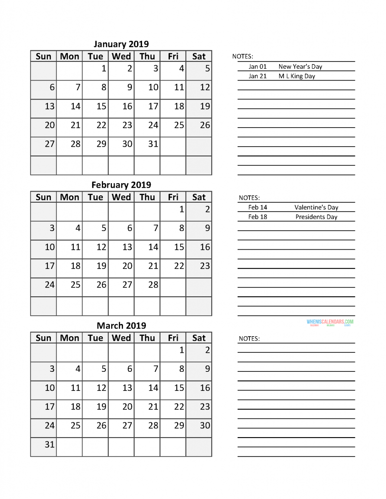 Quarterly Calendar 2019 with Holidays Quarter 1 January February March 2019
