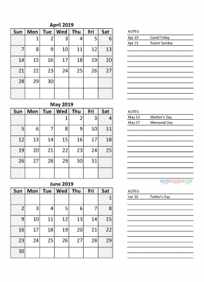 Quarterly Calendar 2019 with Holidays Quarter 2 April May June 2019