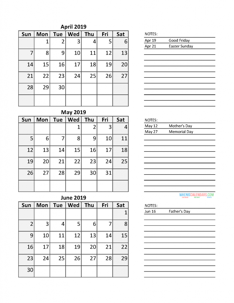 Quarterly Calendar 2019 with Holidays Quarter 2 April May June 2019