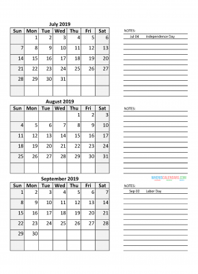 Quarterly Calendar 2019 with Holidays Quarter 3 July August September 2019