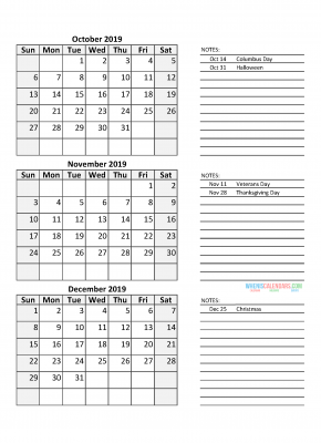 Quarterly Calendar 2019 with Holidays Quarter 4 October November December 2019
