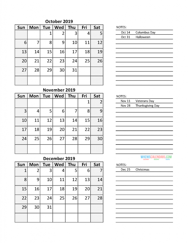 Quarterly Calendar 2019 with Holidays Quarter 4 October November December 2019