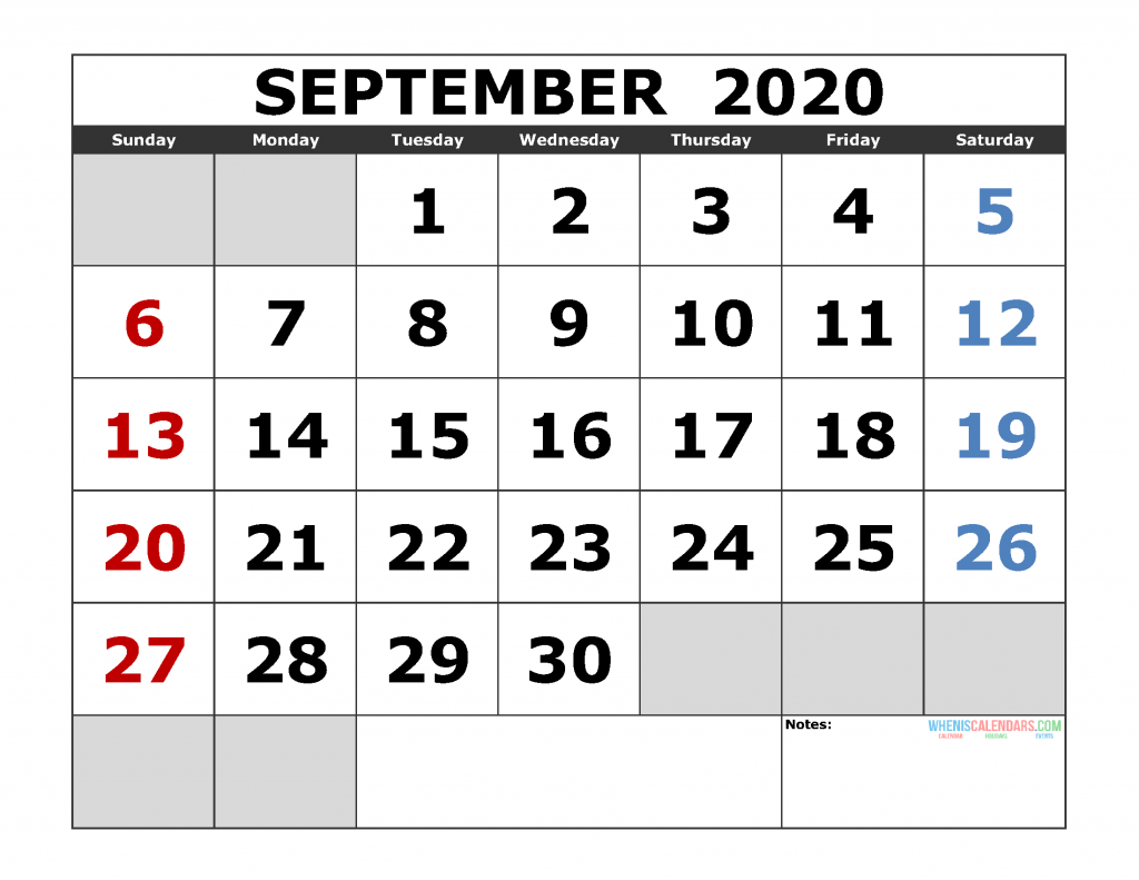 September 2020 Printable Calendar Template Excel, PDF, Image [US. Edition]