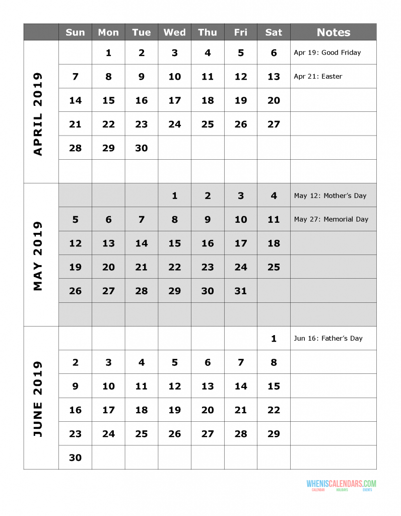 2019 Quarterly Calendar Printable - Quarter 2: April, May, June. Free Printable Calendar 2019 with Holidays and space for notes