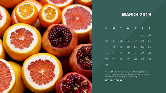 deep colors simple March 2019 Free Photo Calendar Template