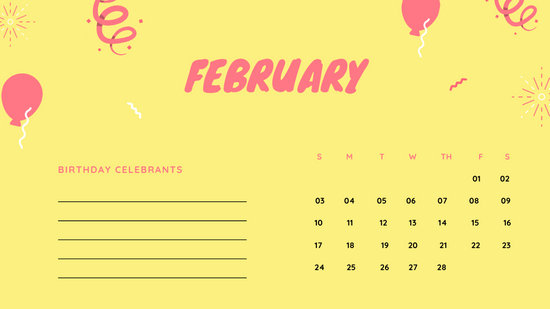 February 2019 Calendar Template colorful balloons confetti cute birthday Calendar