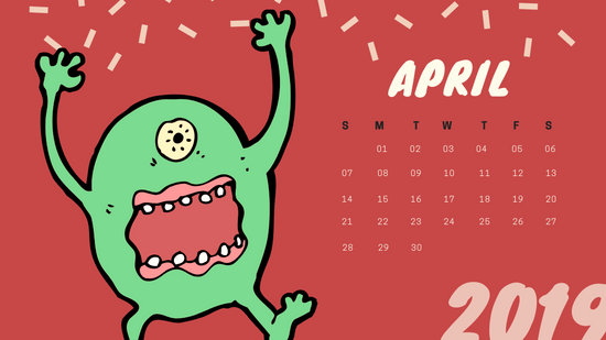 Free Monthly Calendar Template April 2019 colorful cartoon alien
