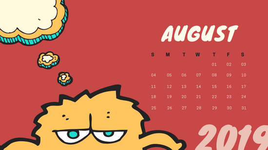 Free Monthly Calendar Template August 2019 colorful cartoon alien