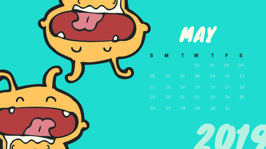 Free Monthly Calendar Template May 2019 colorful cartoon alien