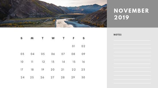Free Photo Calendar Template November 2019 white and grey modern minimalist