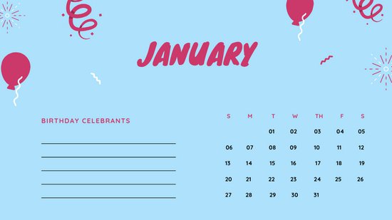 January 2019 Calendar Template colorful balloons confetti cute birthday Calendar