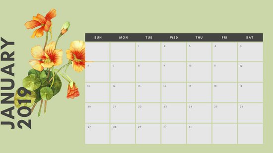 January 2019 Calendar Template multicoloured pastel flowers simple