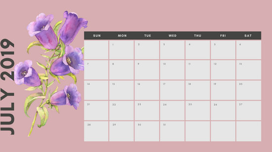 July 2019 Calendar Template multicoloured pastel flowers simple