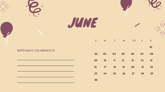 June 2019 Calendar Template colorful balloons confetti cute birthday Calendar