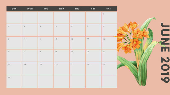 June 2019 Calendar Template multicoloured pastel flowers simple