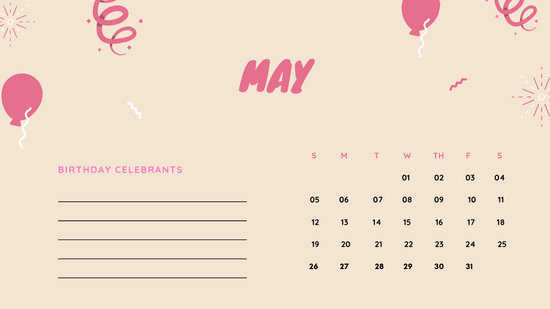 May 2019 Calendar Template colorful balloons confetti cute birthday Calendar