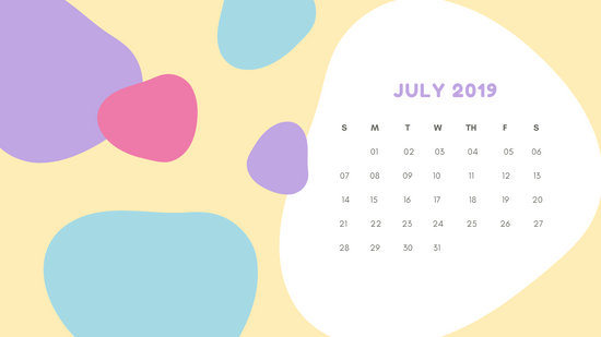 Monthly Calendar Template July 2019 pastel abstract shapes