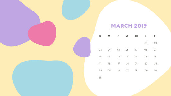 Monthly Calendar Template March 2019 pastel abstract shapes