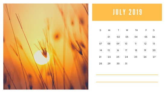 sunset colors Free July 2019 Photo Calendar Template