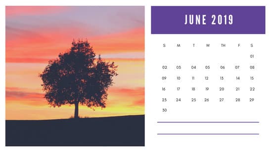 sunset colors Free June 2019 Photo Calendar Template
