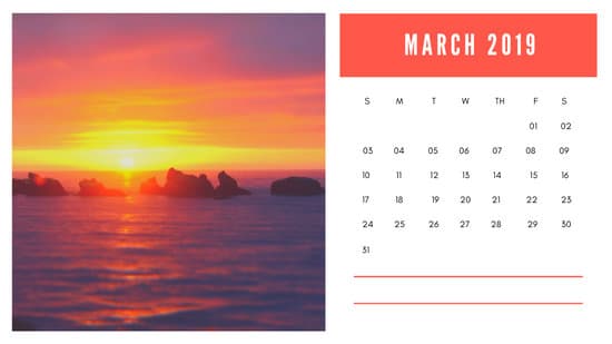 sunset colors Free March 2019 Photo Calendar Template