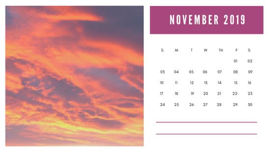 sunset colors Free November 2019 Photo Calendar Template