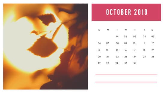 sunset colors Free October 2019 Photo Calendar Template