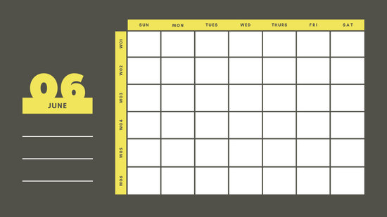 yellow and gray Weekly Blank Calendar Template June