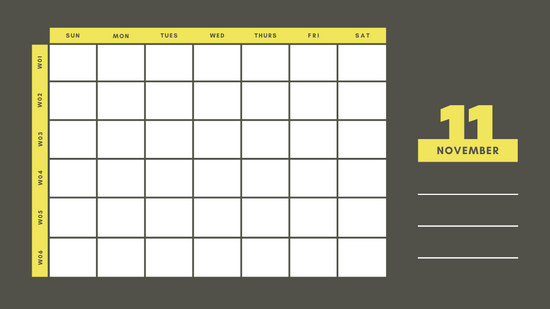 yellow and gray Weekly Blank Calendar Template November