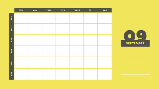 yellow and gray Weekly Blank Calendar Template September