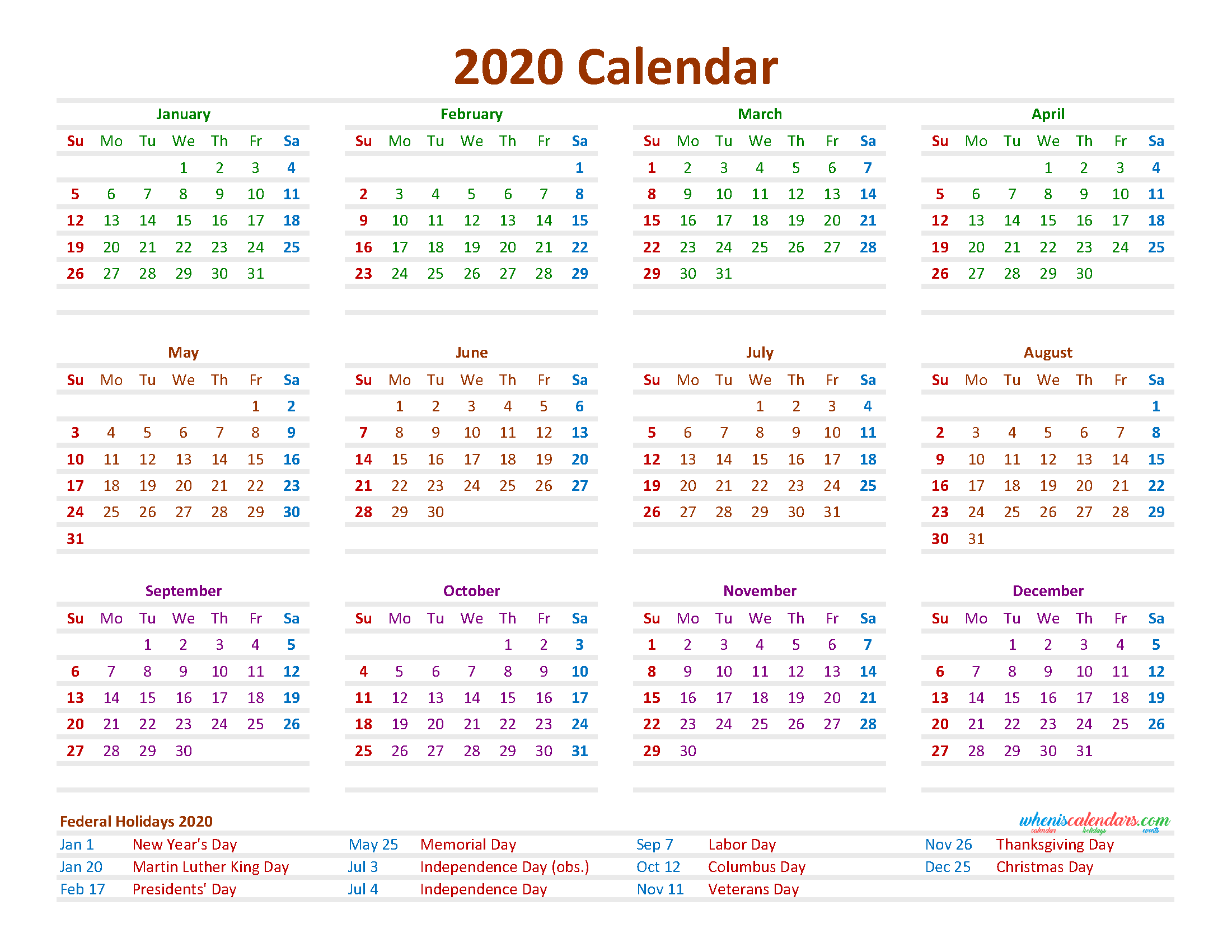 12 Month Printable Calendar 2020 with Holidays