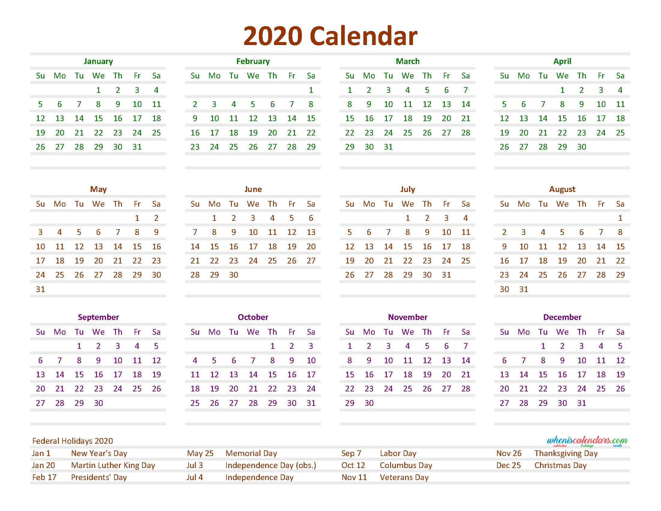 12 Month Calendar on One Page 2020 Printable PDF, Excel, Image