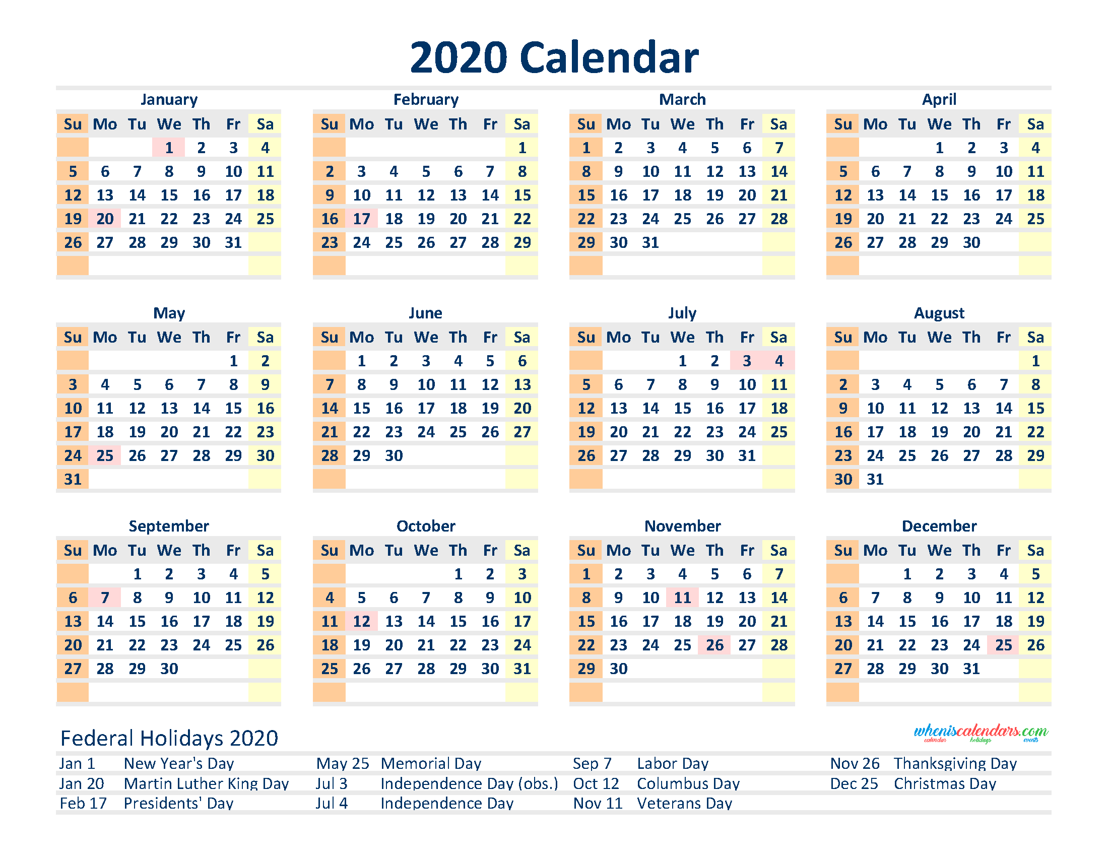 Free 2020 12 Month Calendar Printable PDF, Excel, Image