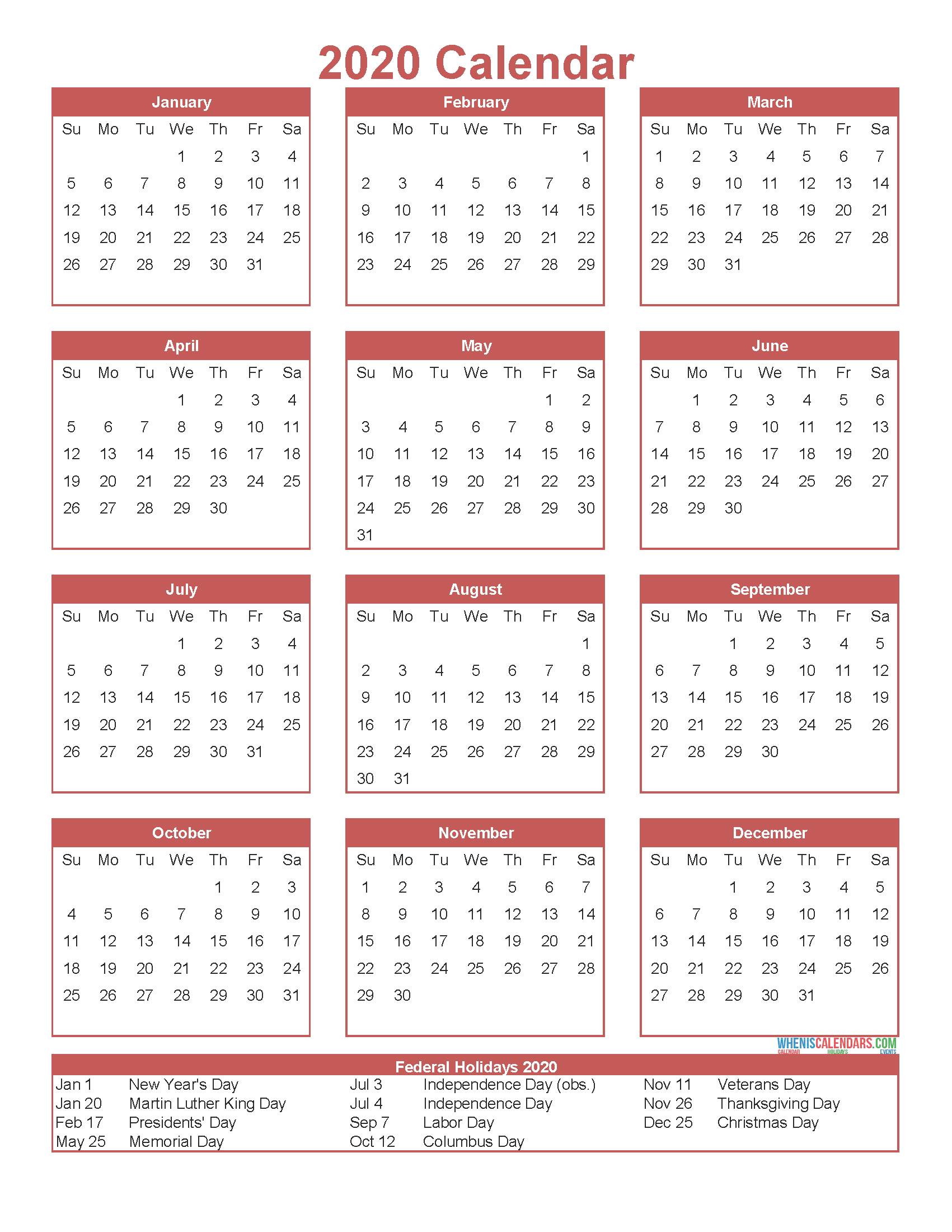 Printable 12 Month 2020 Calendar with Holidays