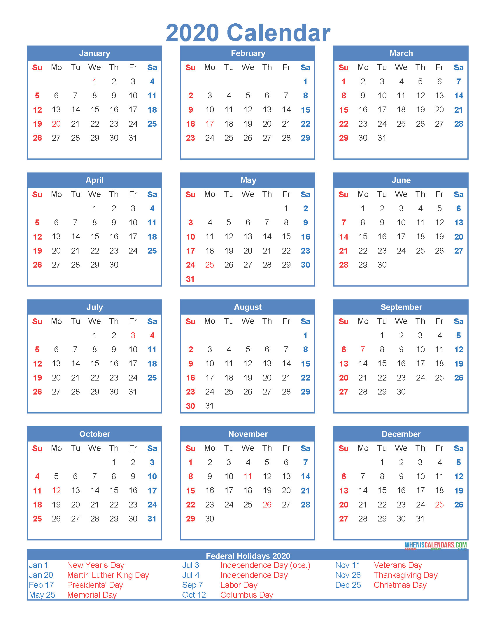 Free Printable 12 Month Calendar 2020 with Holidays