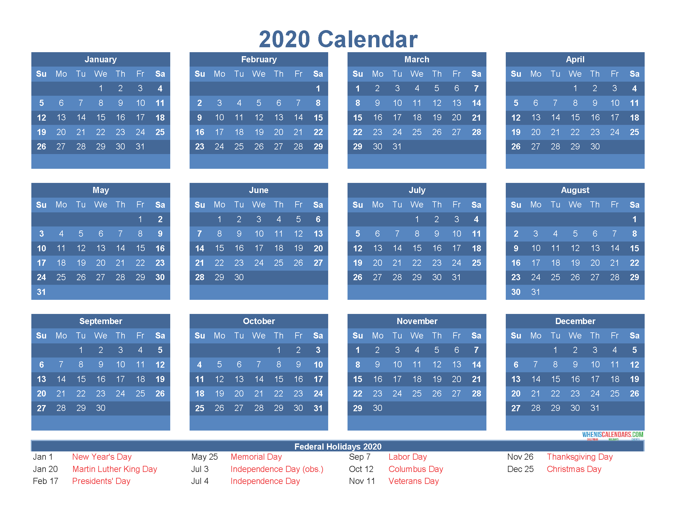 12 Month Printable Calendar 2020 with Holidays