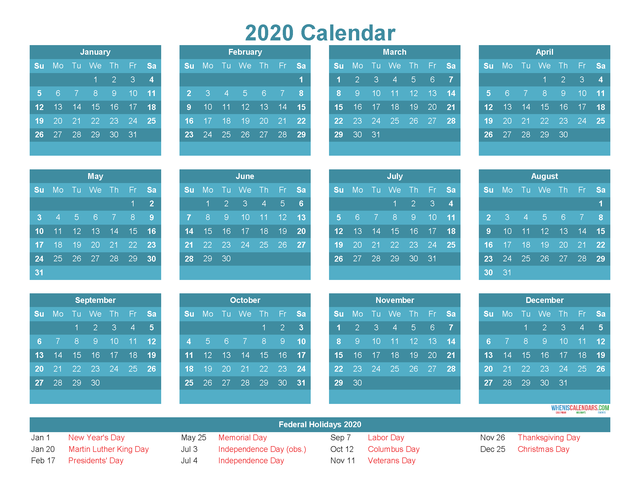 Free 2020 12 Month Calendar Printable PDF, Excel, Image