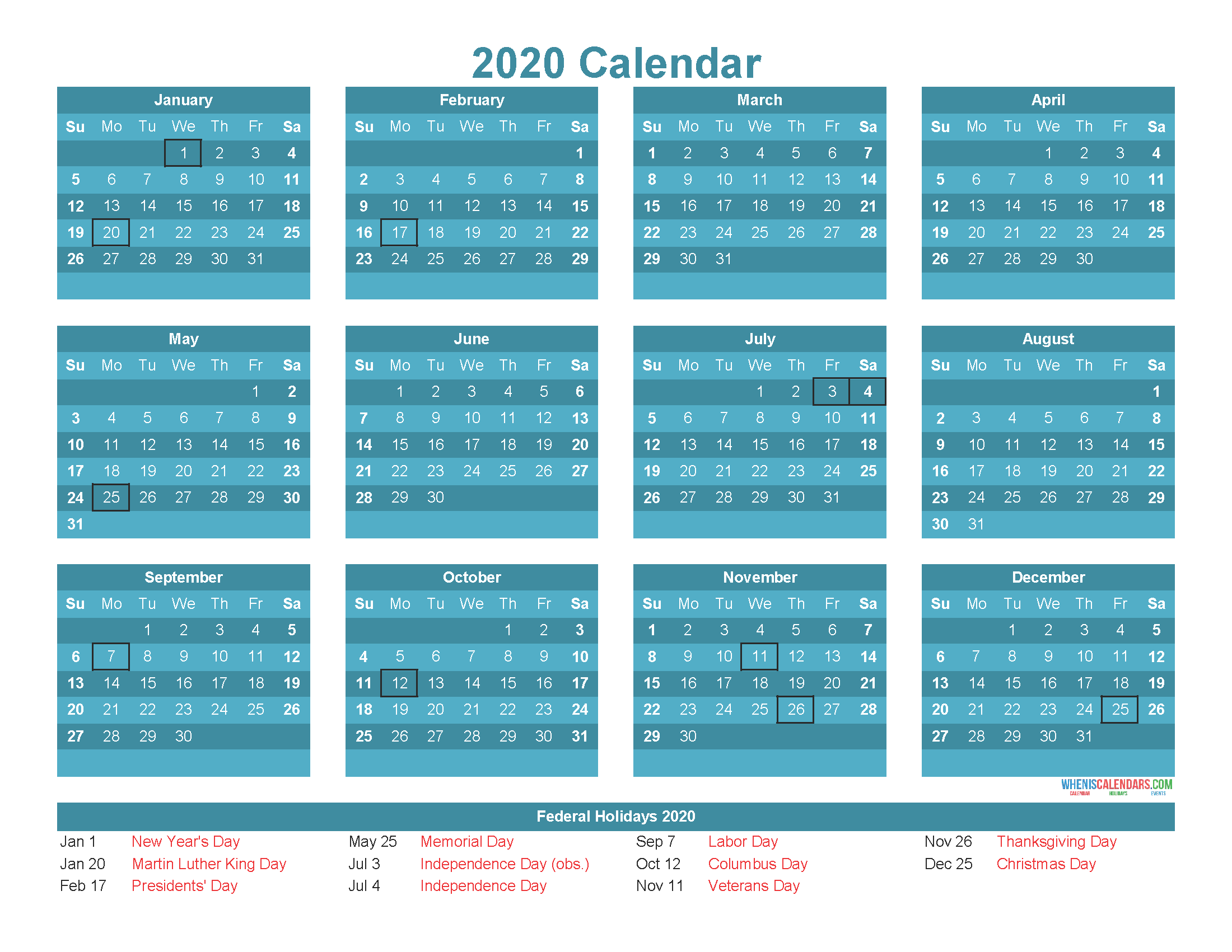 Free Printable 12 Month Calendar on One Oage 2020