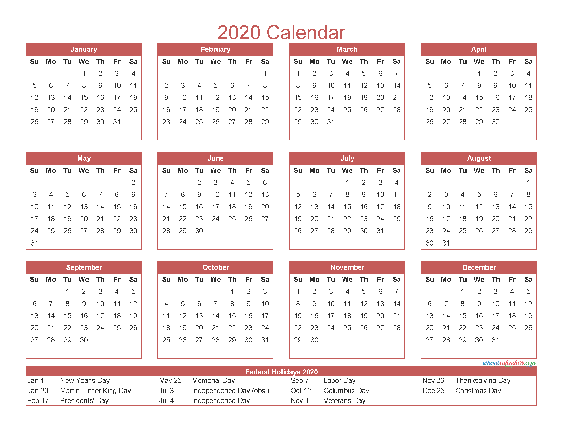 Printable 12 Month 2020 Calendar with Holidays