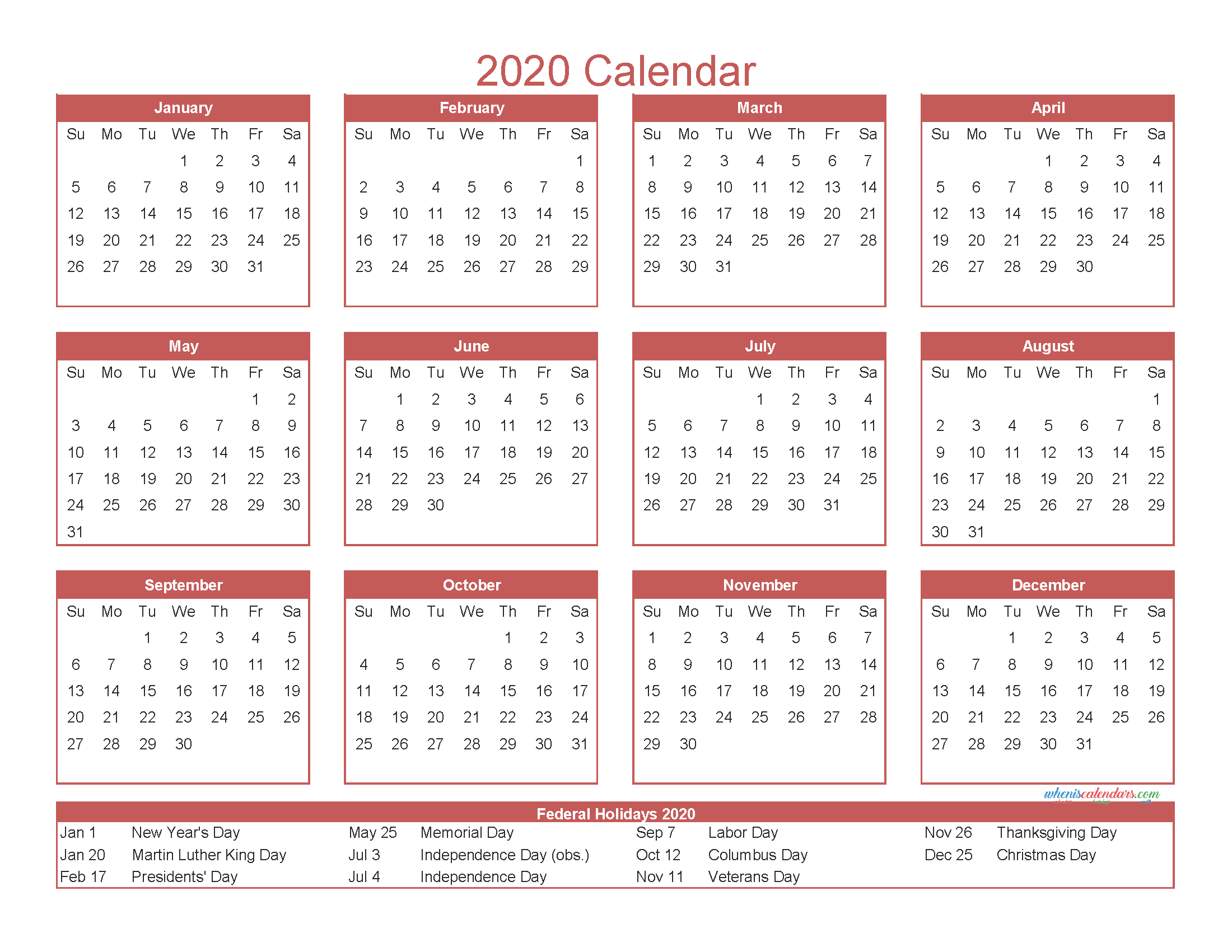 Free Printable 12 Month Calendar 2020 with Holidays