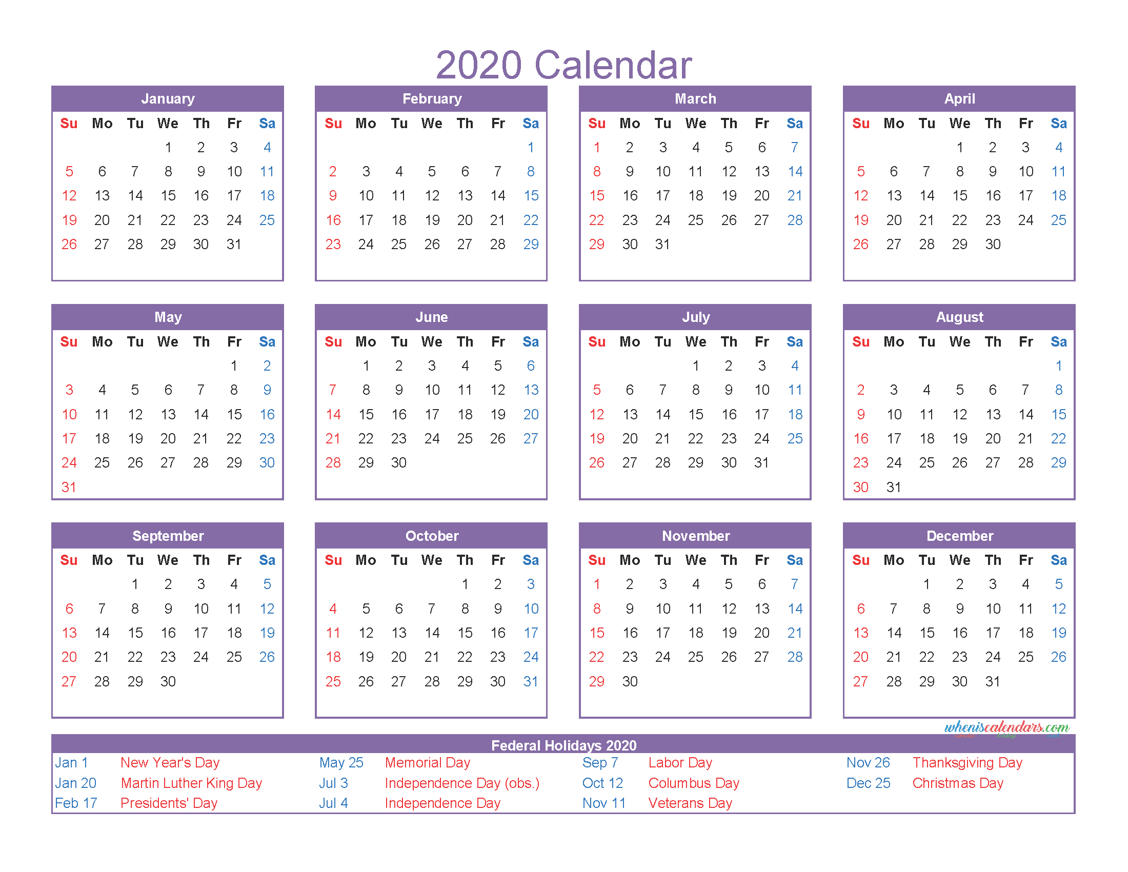 12 Month Calendar On One Page 2020 Printable PDF, Excel, Image