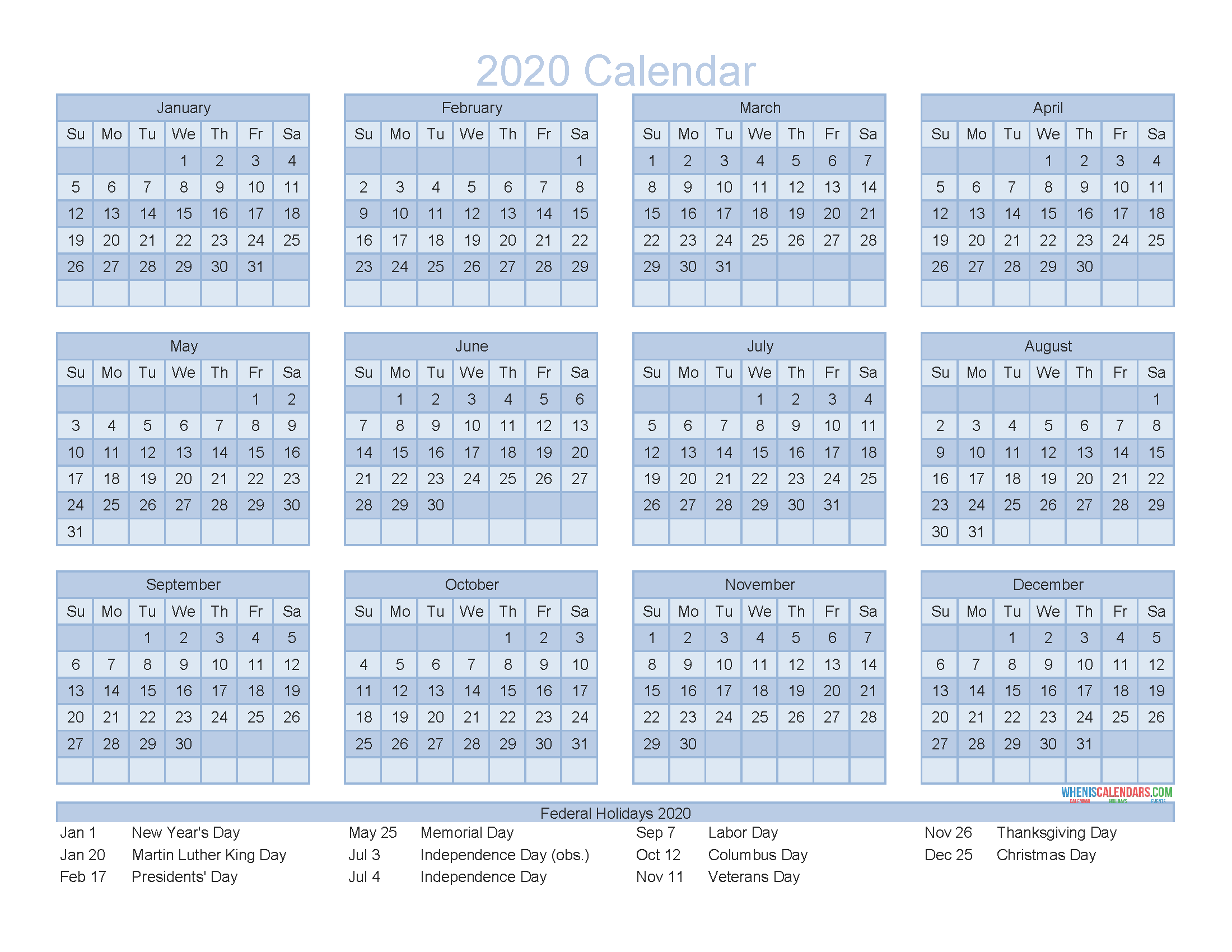 Free Printable 12 Month Calendar on One Oage 2020