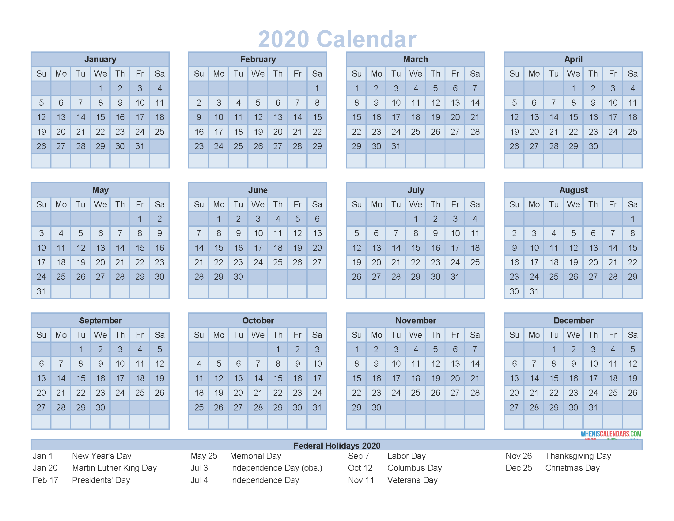 12 Month Calendar on One Page 2020 Printable PDF, Excel, Image