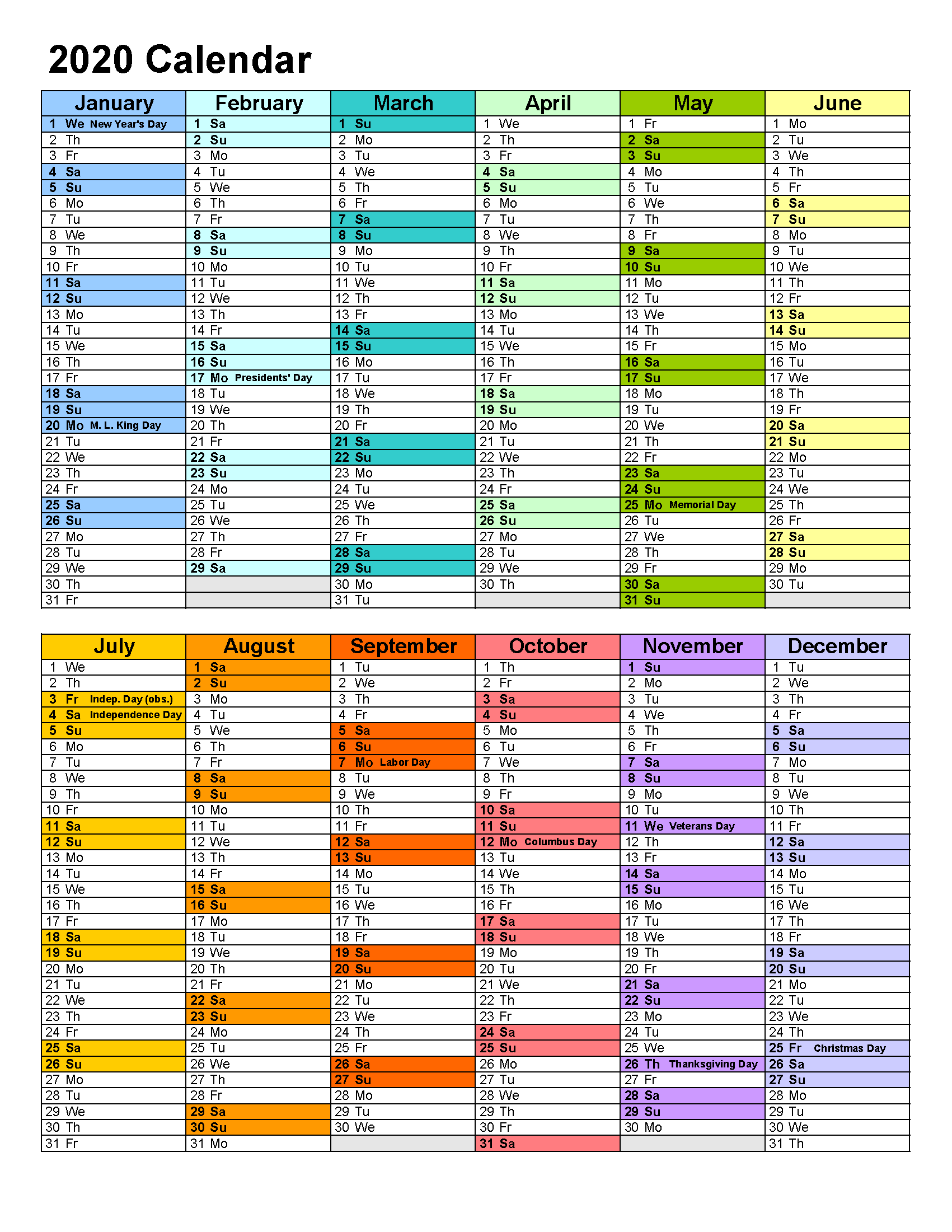 Free Printable 2020 Yearly Calendar With Holidays