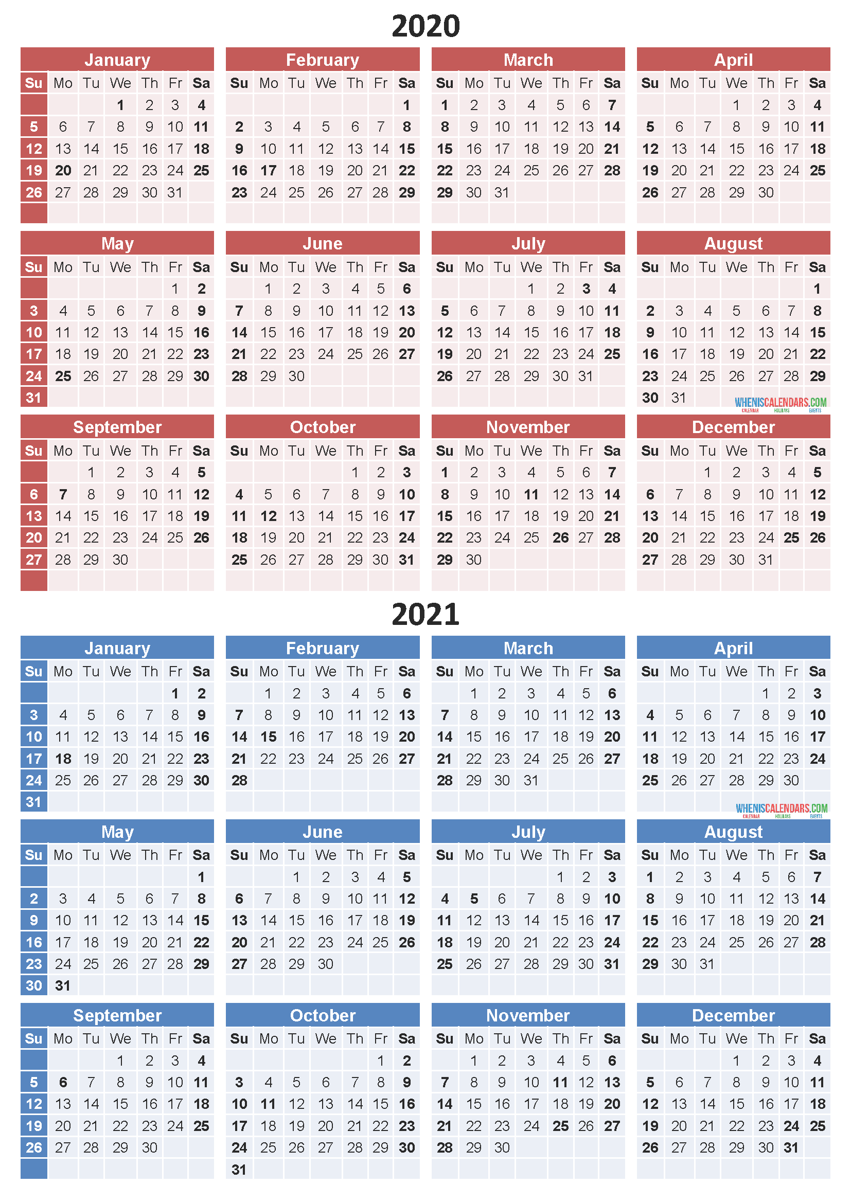 2020 and 2021 Calendar Printable with Holidays Free ...
