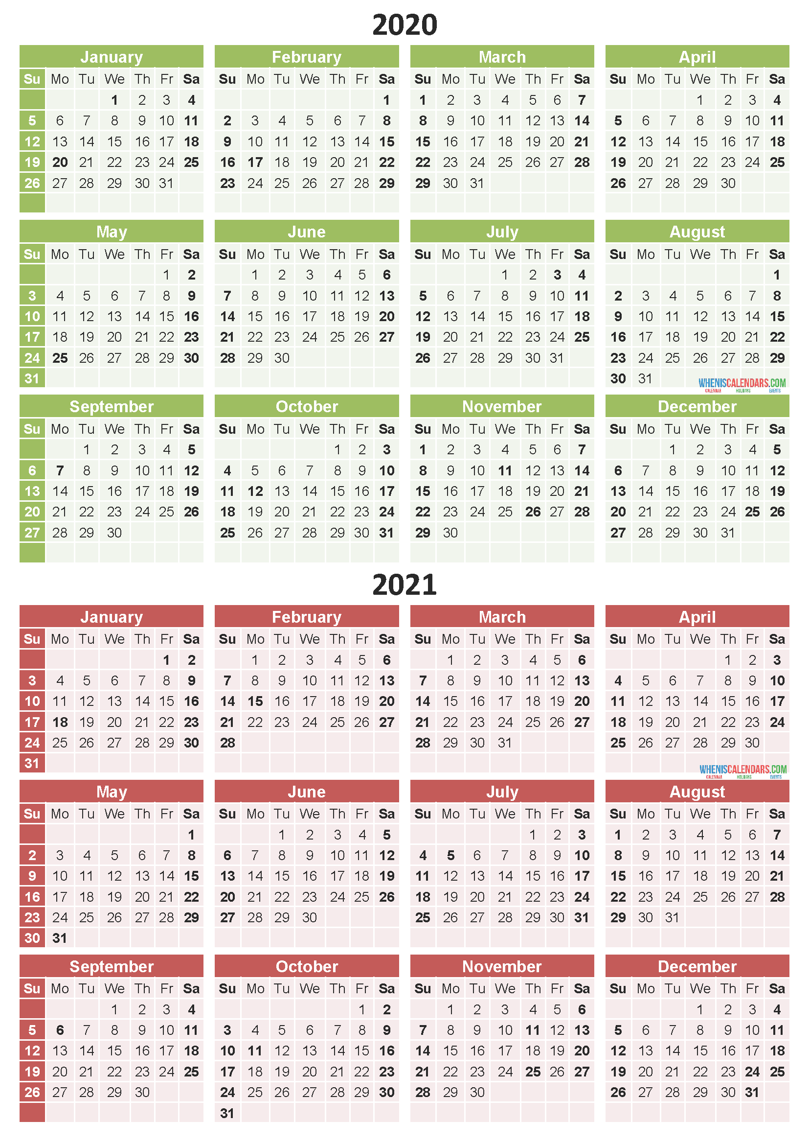 Printable Calendar 2020 2021 Two Year Per Page Free PDF, Word