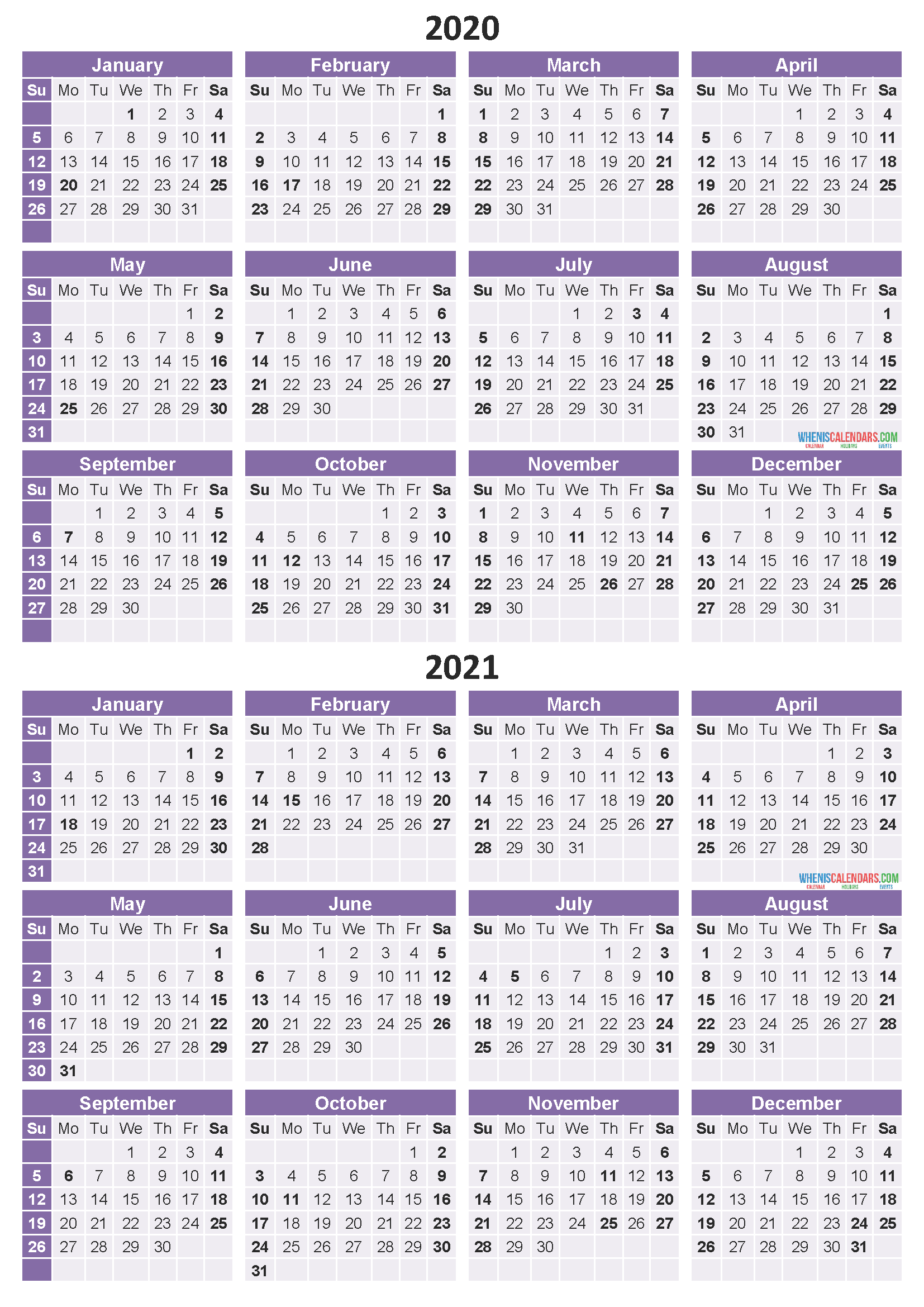 2 Year Calendar Printable 2020 2021 Word, PDF, Image