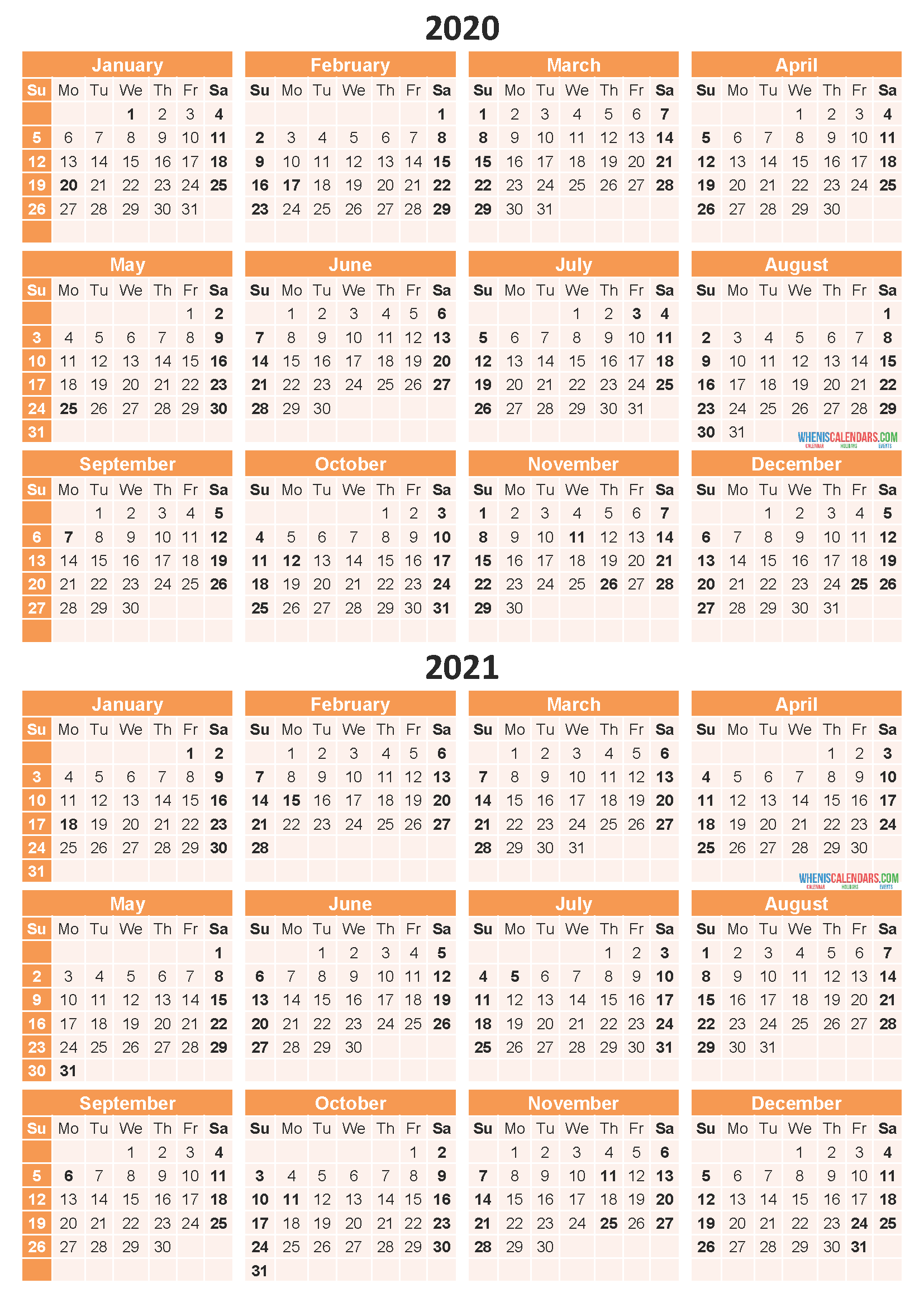 2020 and 2021 Monthly Calendar Printable Free Download
