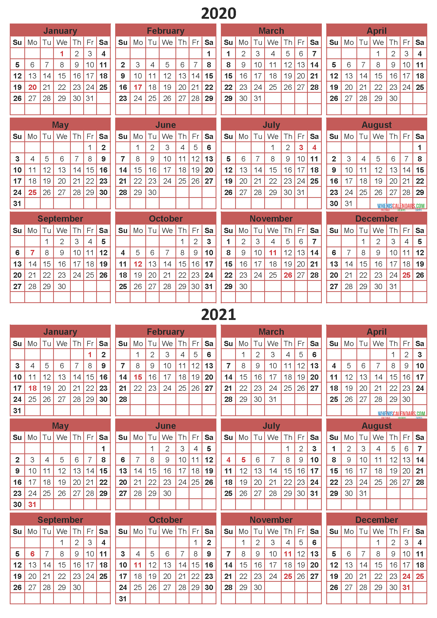 Free Printable 2020 2021 Calendar with Holidays PDF, Word
