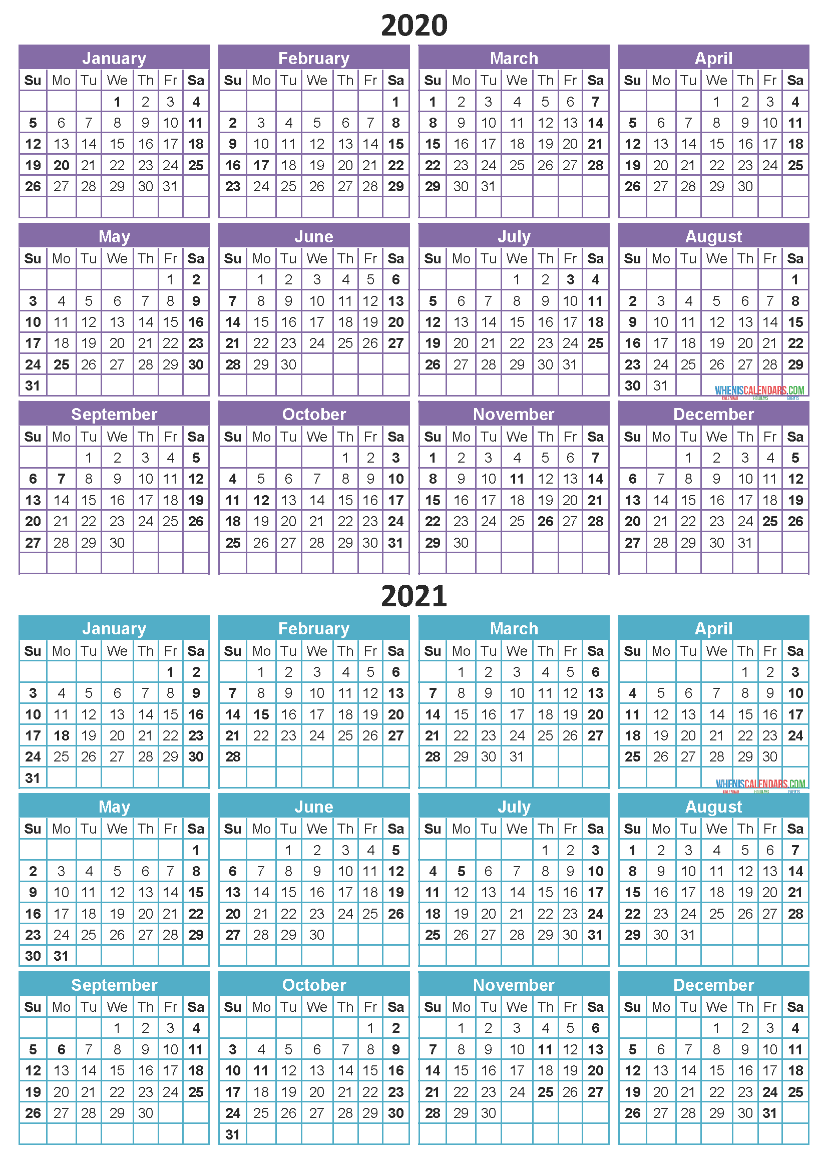 2 Year Calendar Printable 2020 2021 Word, PDF, Image